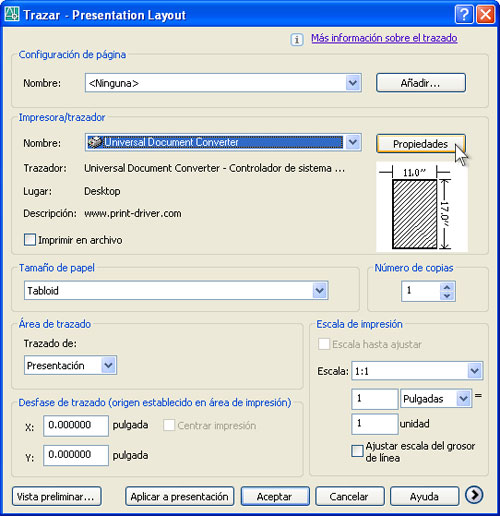 Seleccione Universal Document Converter en la lista de trazadores y presione el botón Propiedades.
