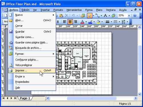 Abra la presentación en Microsoft Visio y haga clic en Archivo-Imprimir... en el menú principal de la aplicación.