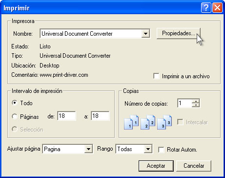 Seleccione Universal Document Converter en la lista de impresoras y presione el botón Propiedades.