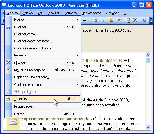 Haga doble clic en el mensaje de correo electrónico del buzón de Outlook para abrirlo y haga clic en Archivo-Imprimir... en el menú principal.