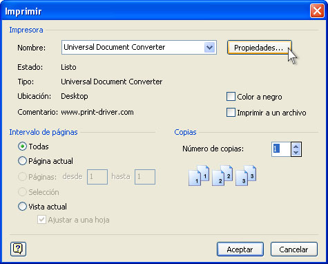 Seleccione Universal Document Converter en la lista de impresoras y presione el botón Propiedades.